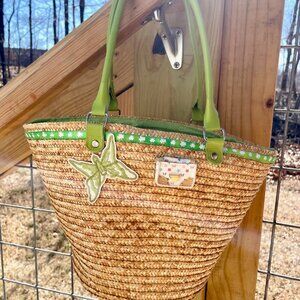 St. Patrick’s Day Shamrock Woven Straw Tote w/ Green Trim & Butterfly